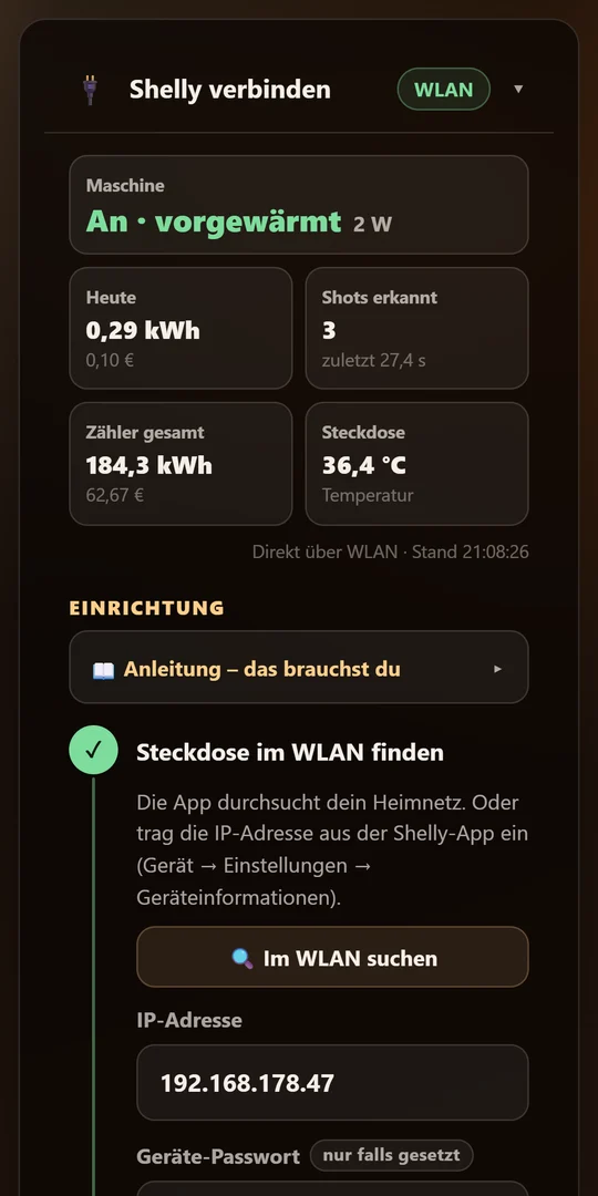 Shelly-Verbindung mit Status: Maschine an und vorgewärmt, Verbrauch heute und erkannte Shots