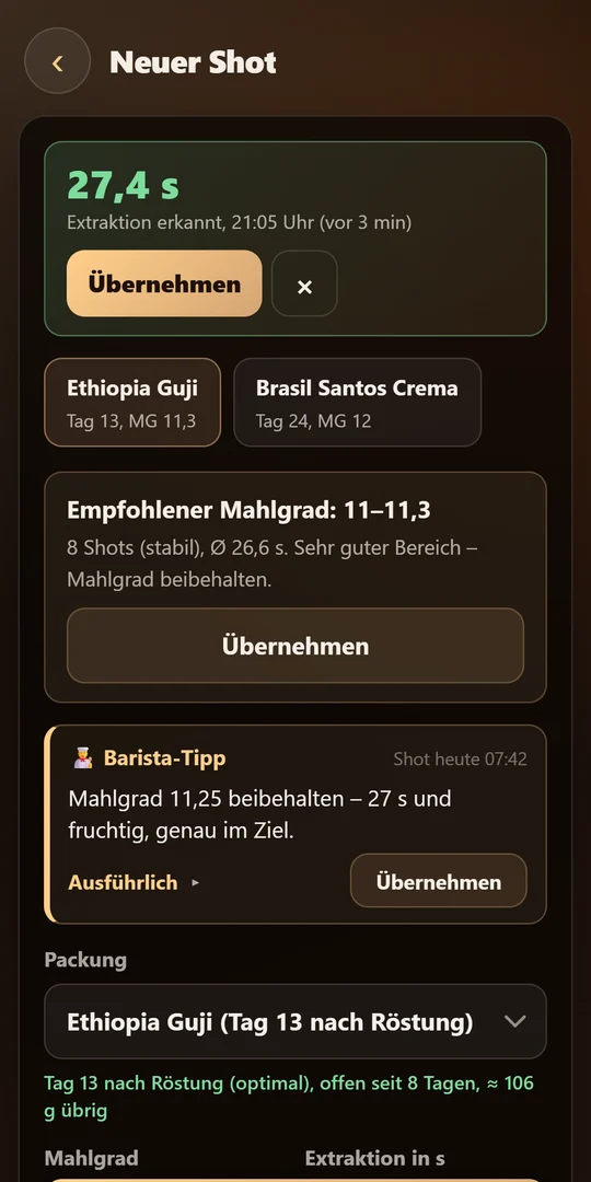Neuer Shot mit automatisch erkannter Extraktionszeit, Mahlgrad-Empfehlung und Barista-Tipp